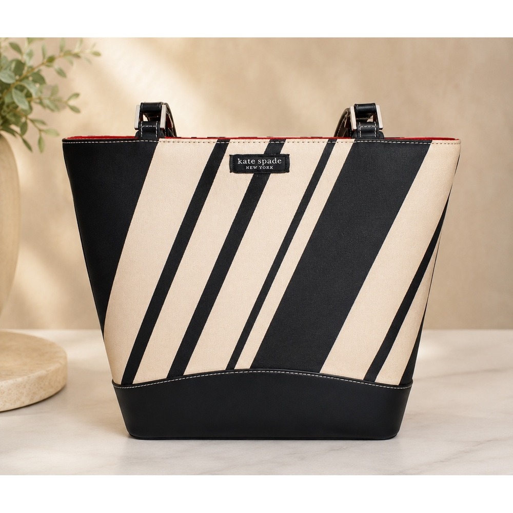 Vintage Kate Spade Monaco Black White Stripe Tote Bag Purse Handbag